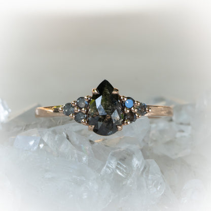 Pear Salt and Pepper Diamond Ring with Cluster Accents, Rose Gold