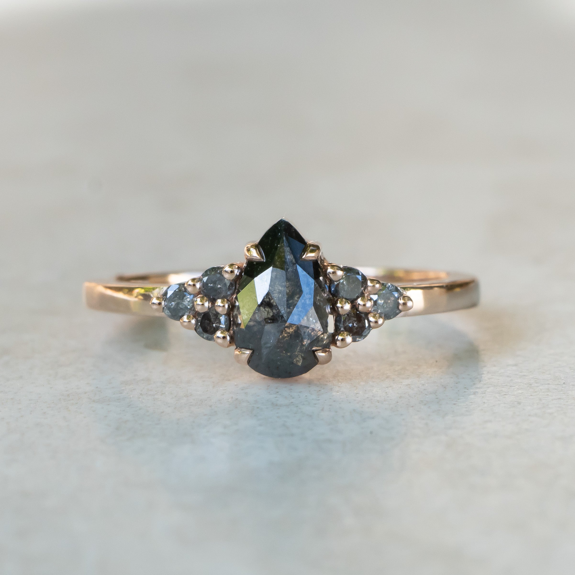 Custom: Pear Salt and Pepper Diamond Ring with Cluster Accents