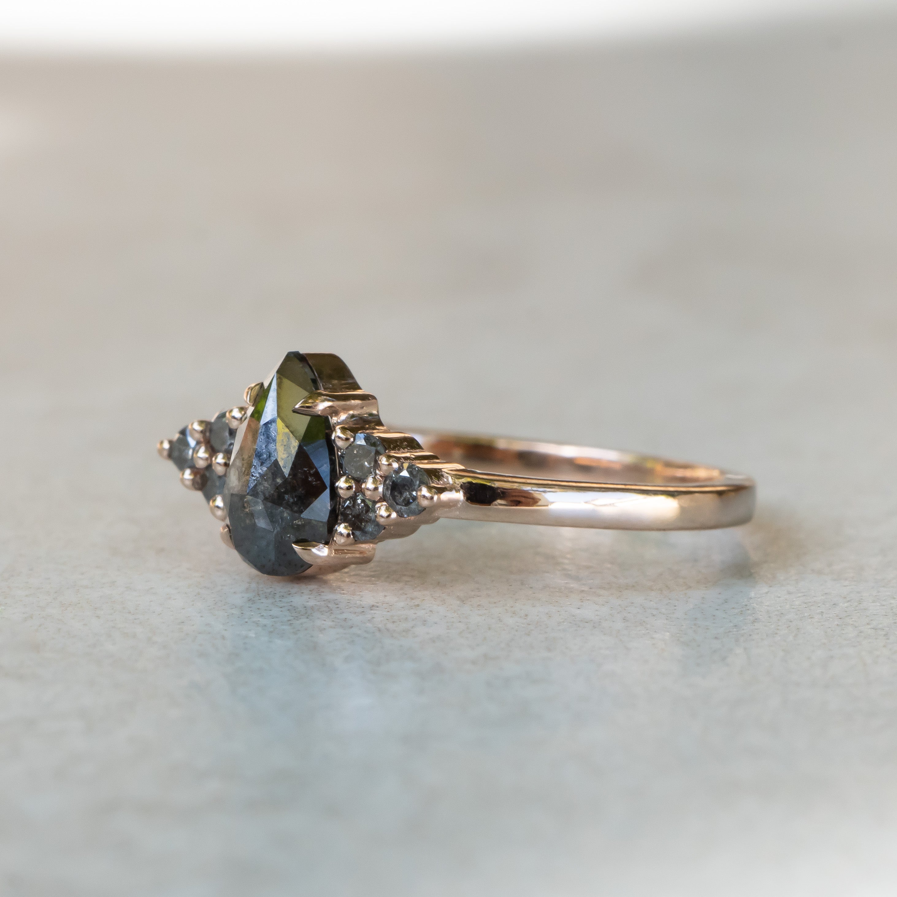 Custom: Pear Salt and Pepper Diamond Ring with Cluster Accents