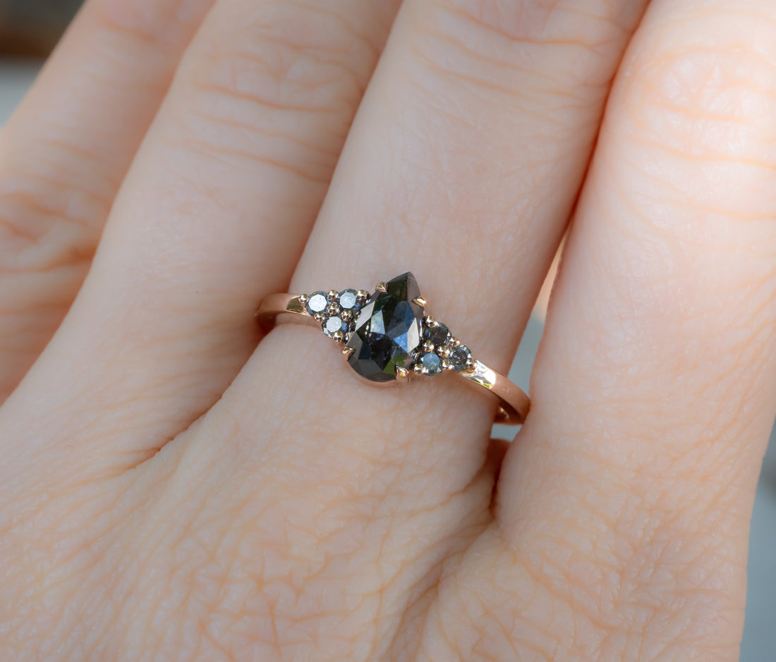 Custom: Pear Salt and Pepper Diamond Ring with Cluster Accents