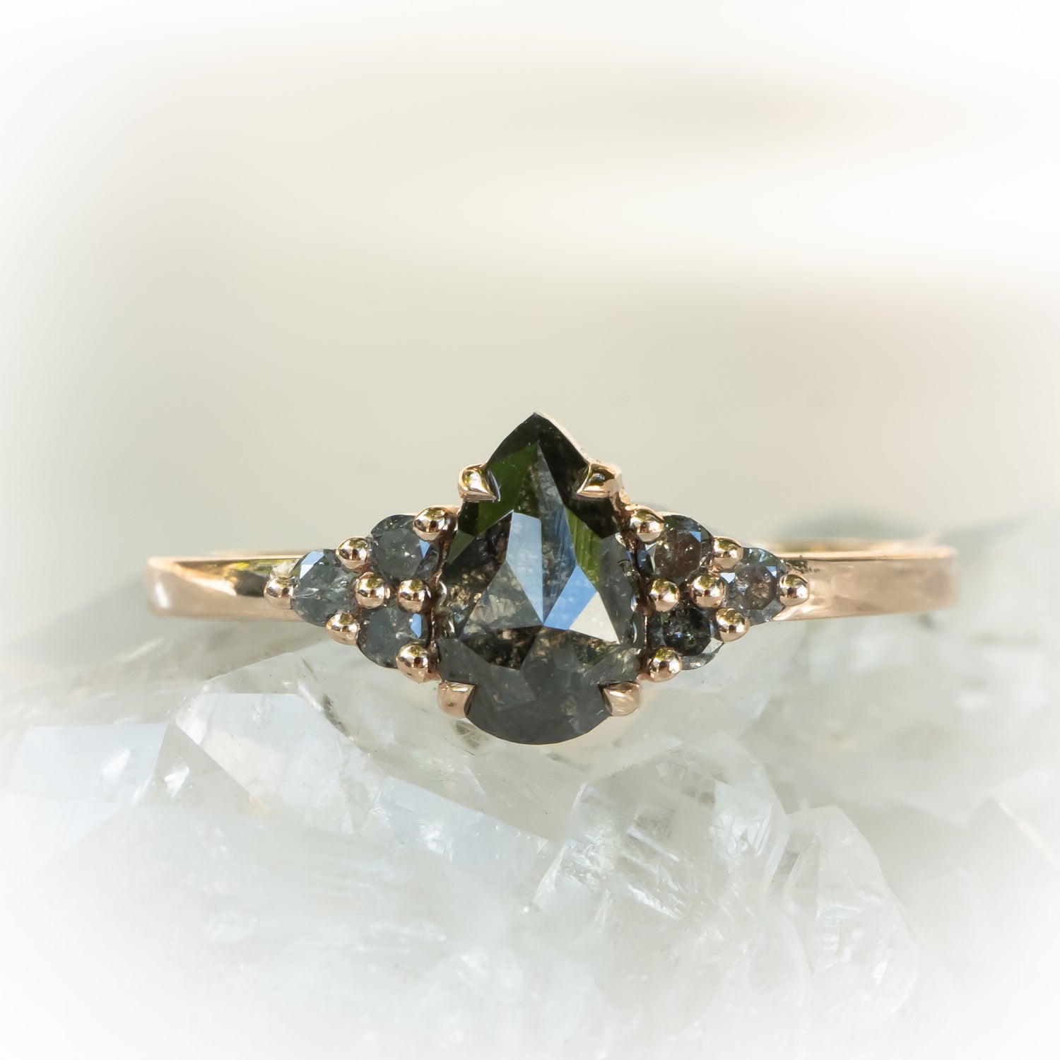 Custom: Pear Salt and Pepper Diamond Ring with Cluster Accents