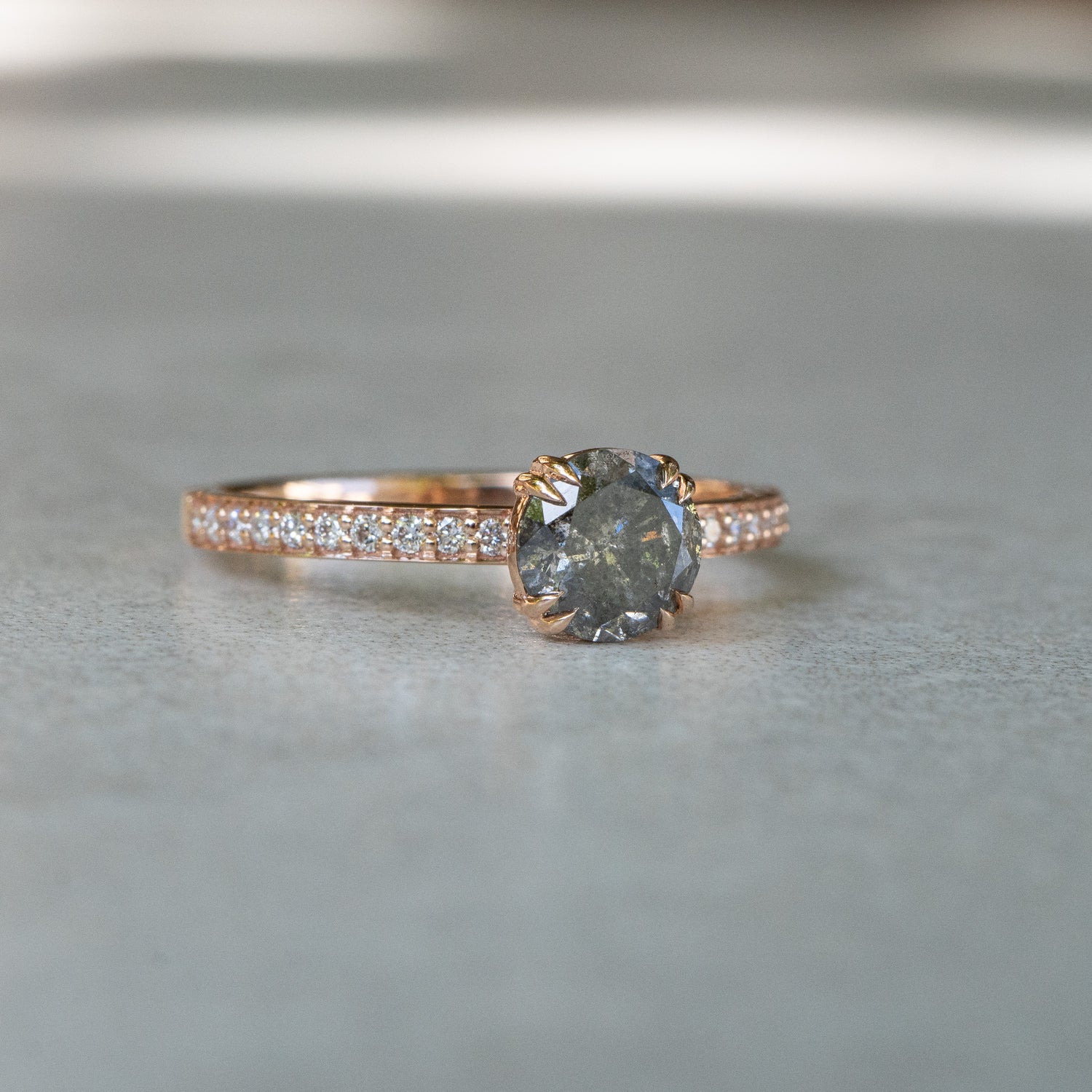 Brilliant Cut Salt And Pepper Diamond Ring. 14k Rose Gold, Pavé Diamond Band