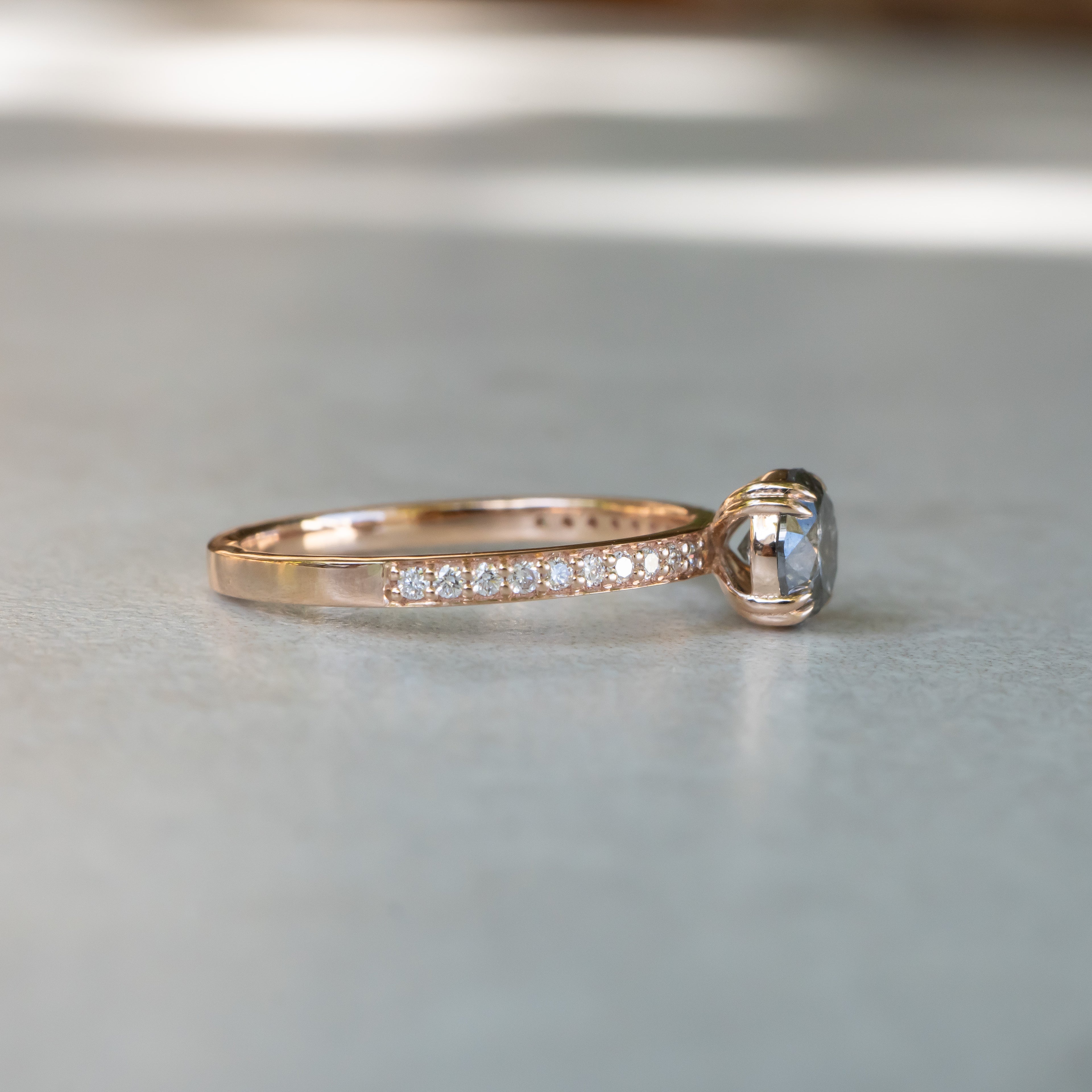 Brilliant Cut Salt And Pepper Diamond Ring. 14k Rose Gold, Pavé Diamond Band