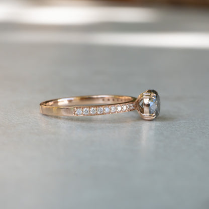 Brilliant Cut Salt And Pepper Diamond Ring. 14k Rose Gold, Pavé Diamond Band