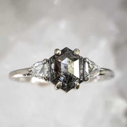 Custom: Elongated Hexagon Cut, Salt and Pepper Diamond Engagement Ring