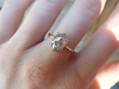 Custom: Elongated Hexagon Cut, Salt and Pepper Diamond Engagement Ring