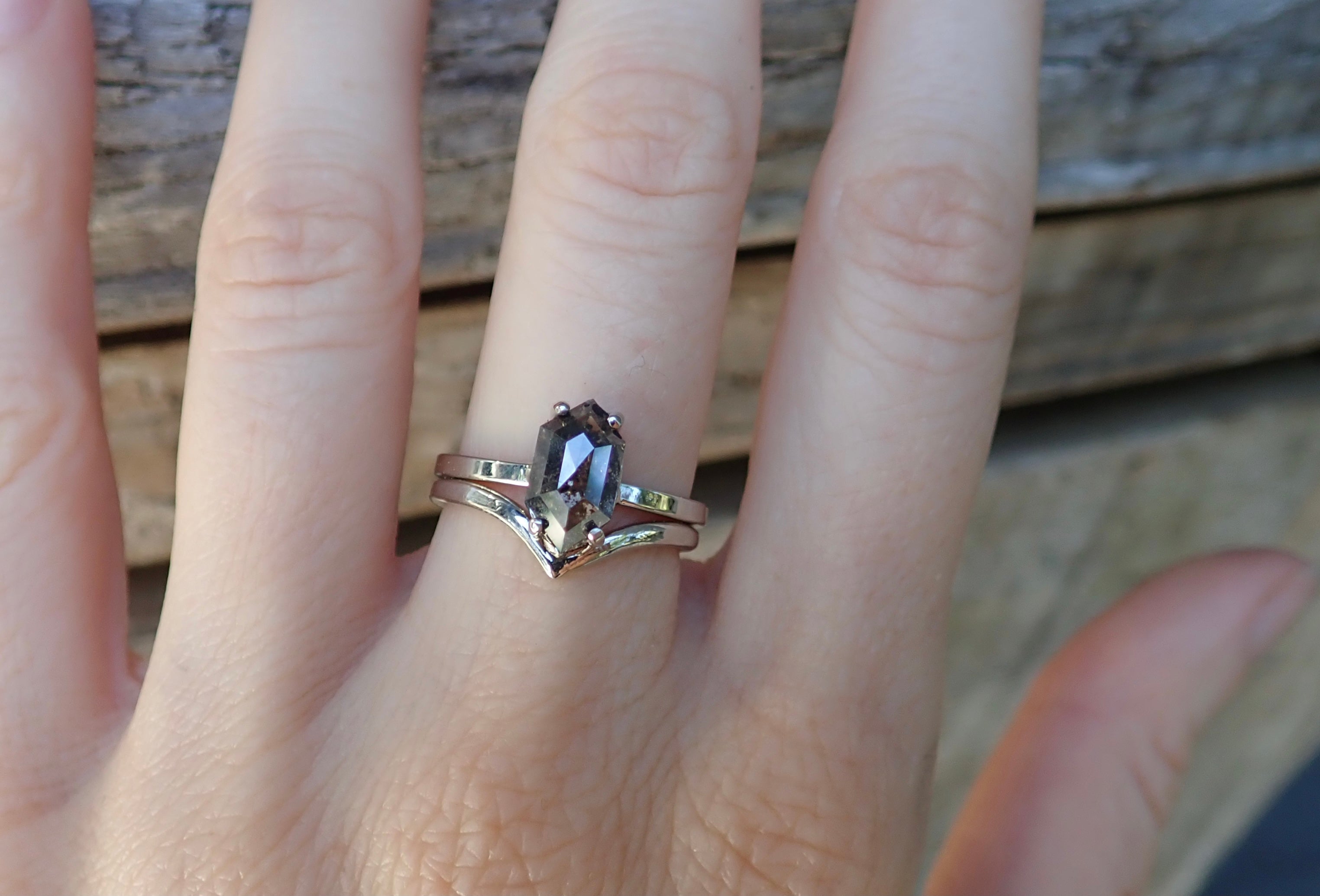 Custom: Elongated Hexagon Cut, Salt and Pepper Diamond Engagement Ring