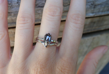 Custom: Elongated Hexagon Cut, Salt and Pepper Diamond Engagement Ring