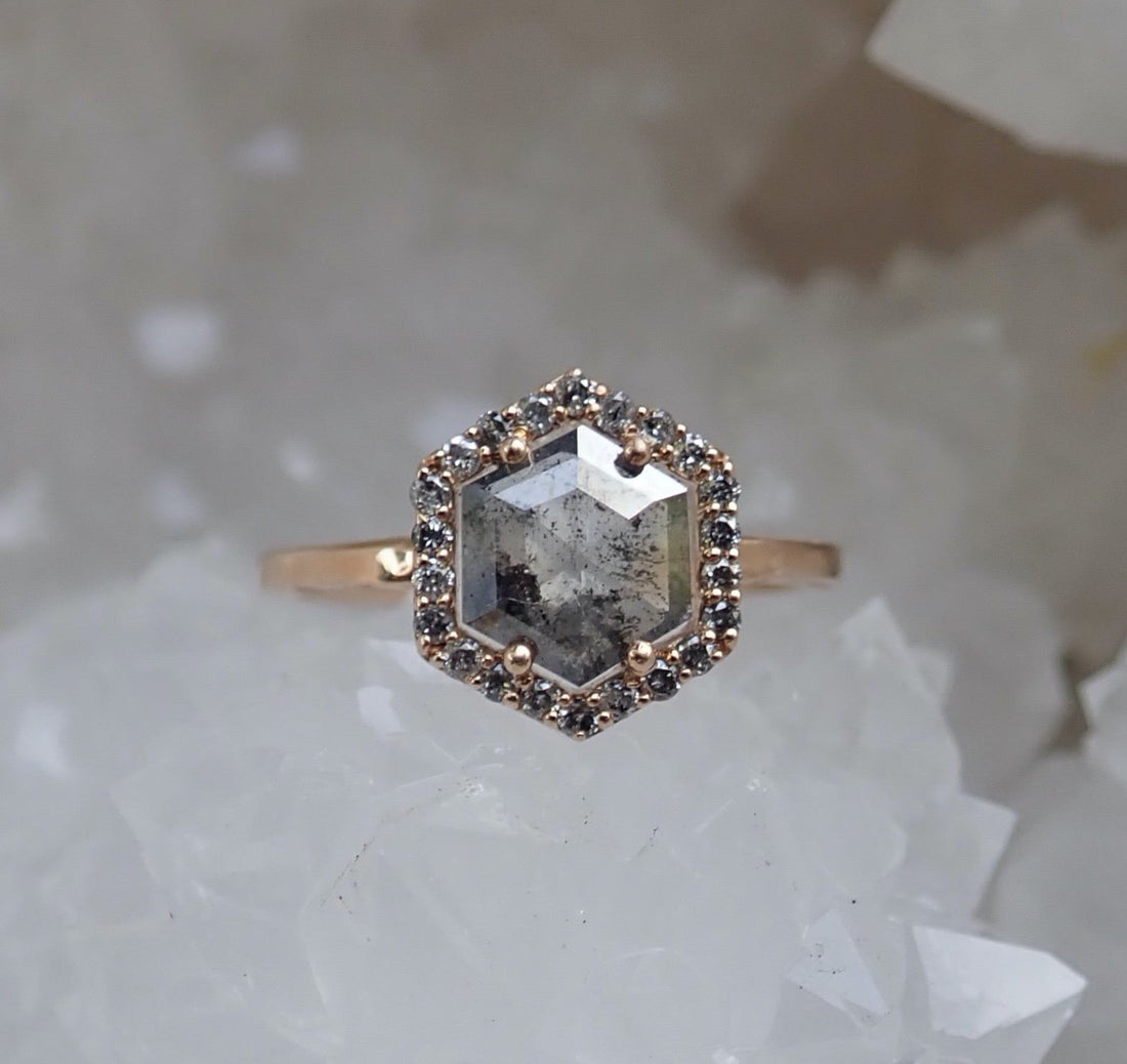 Custom: Salt and Pepper Hexagon Halo Diamond Ring 14k Rose Gold - Salt and Pepper Diamond Ring- mossNstone