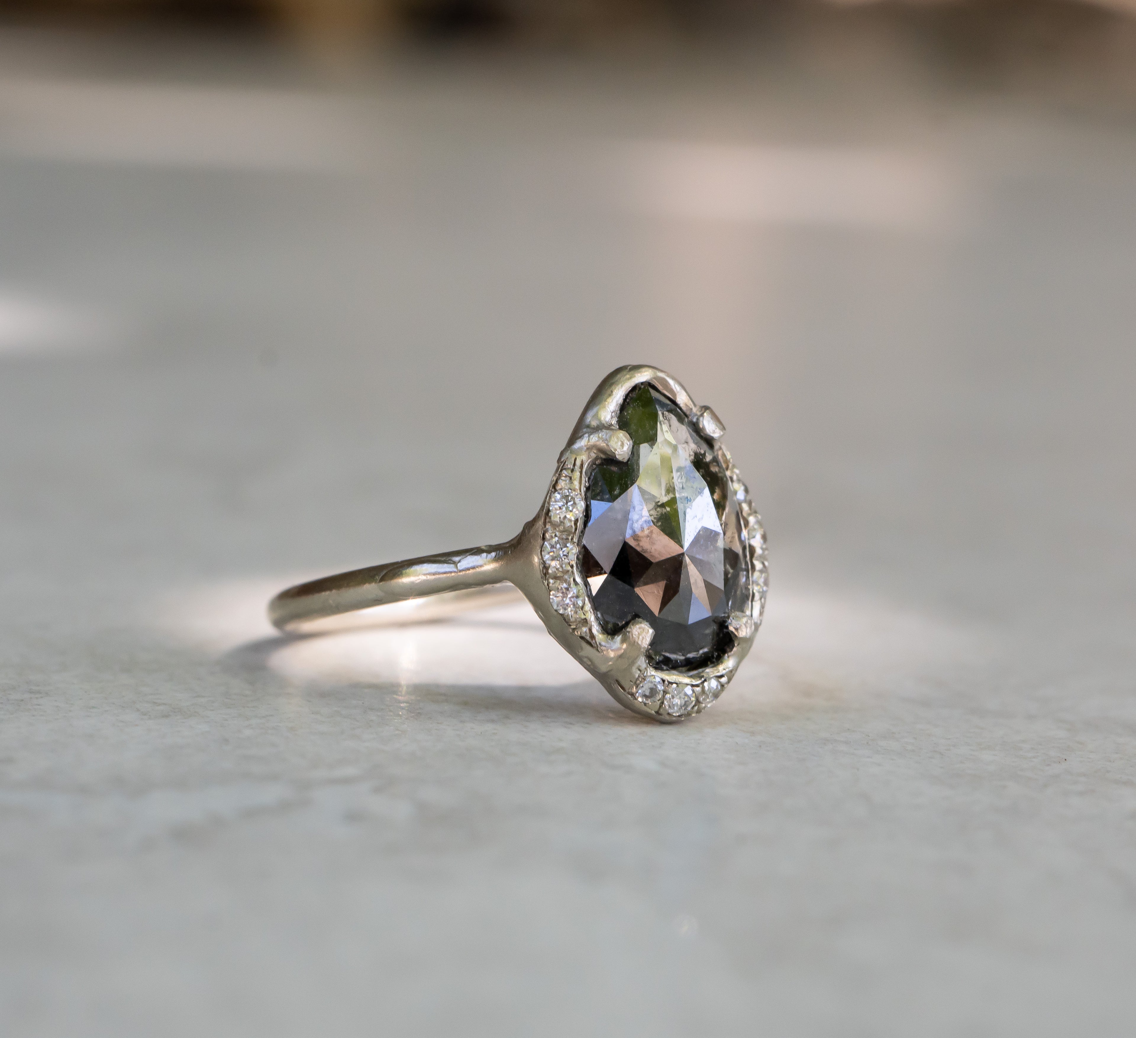 Salt and Pepper Pear Diamond Ring, Scattered Halo Setting, 14k White Gold