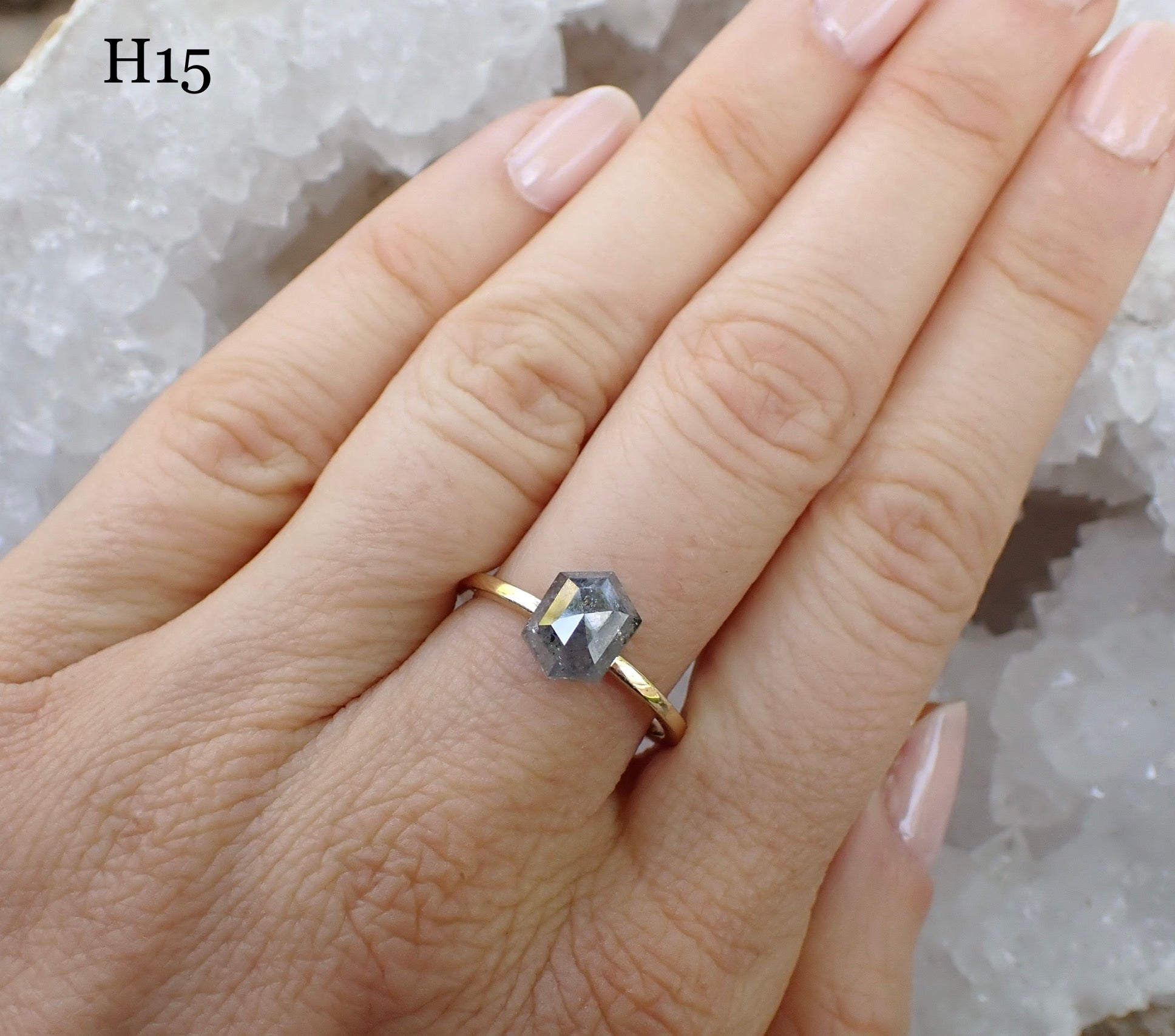 Diamond Viewing • Elongated Hexagon Selections - Salt and Pepper Diamond Ring- mossNstone