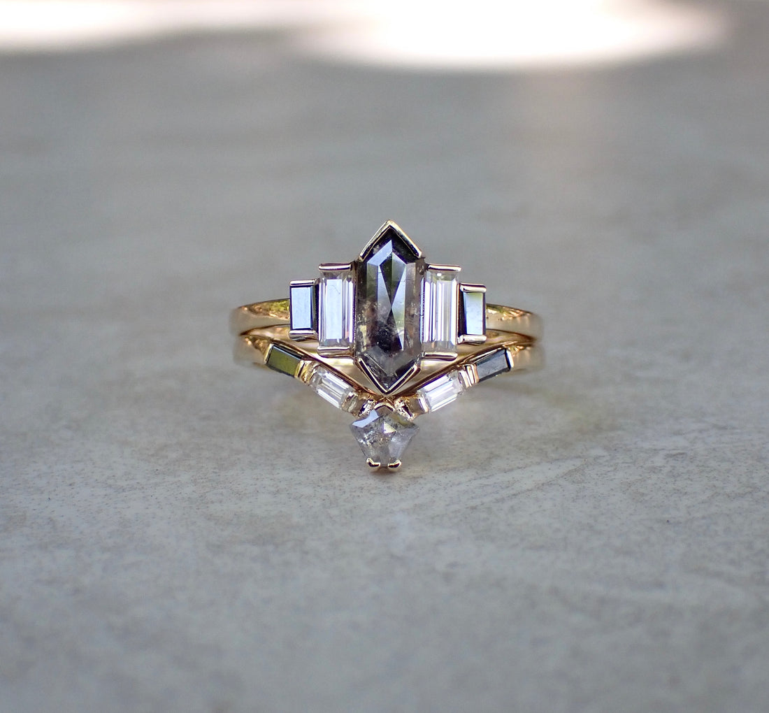 Custom Elongated Hexagon Diamond Ring Set