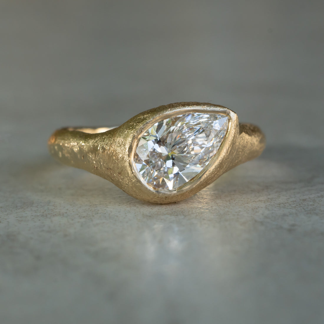 Custom Lab Diamond- Slanted Pear, Signent Style Diamond Engagement Ring