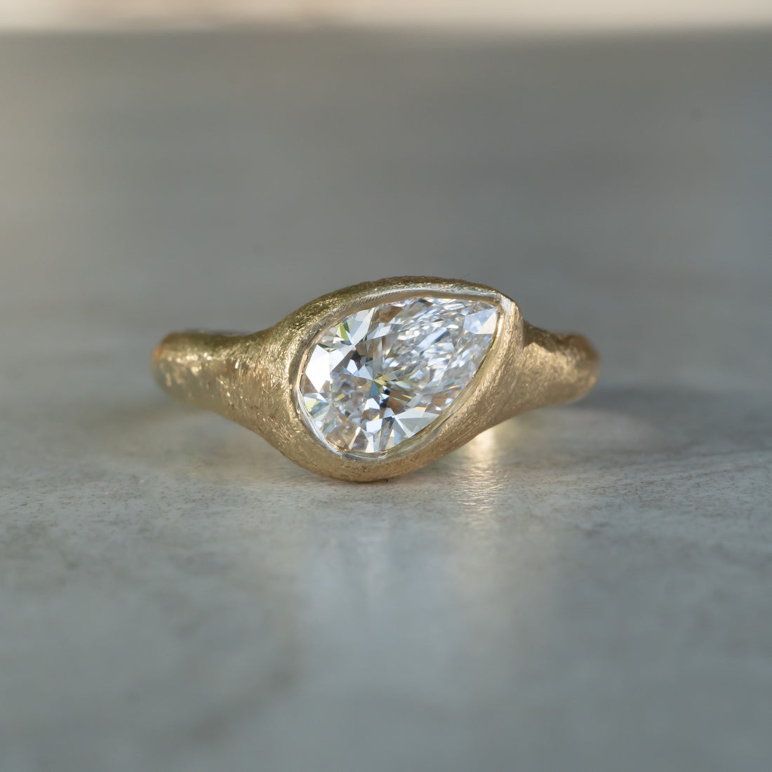 Custom Lab Diamond- Slanted Pear, Signent Style Diamond Engagement Ring