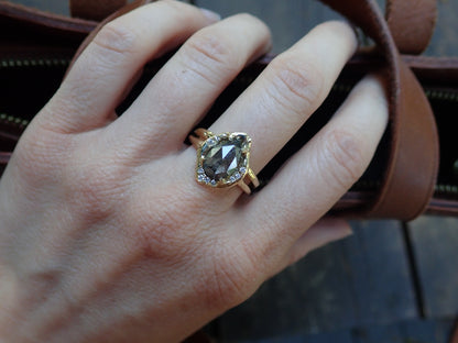 Salt and Pepper Pear Diamond Ring Set, Scattered Halo, Hand Carved in 14k Yellow Gold - mossNstone