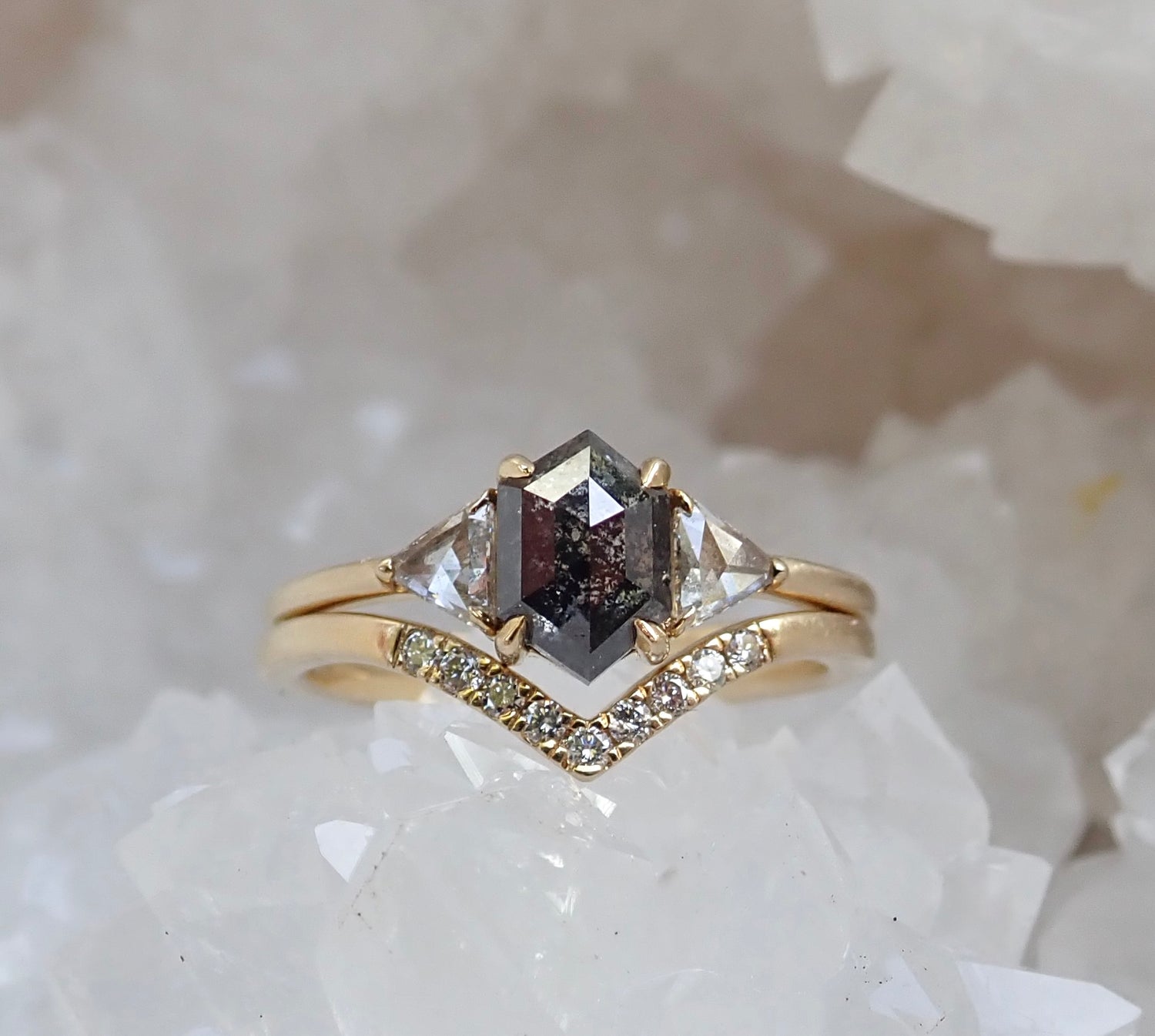 Custom Salt and Pepper Hexagon Diamond Ring with Triangle Accents for Olve - Salt and Pepper Diamond Ring- mossNstone